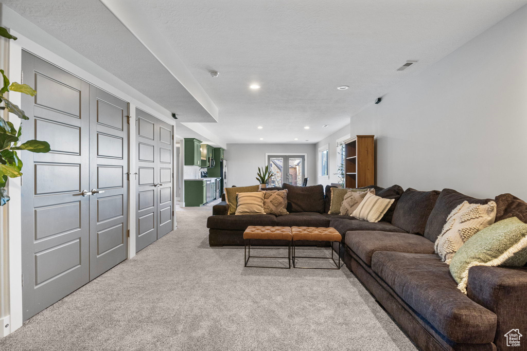 Carpeted living room with a textured ceiling