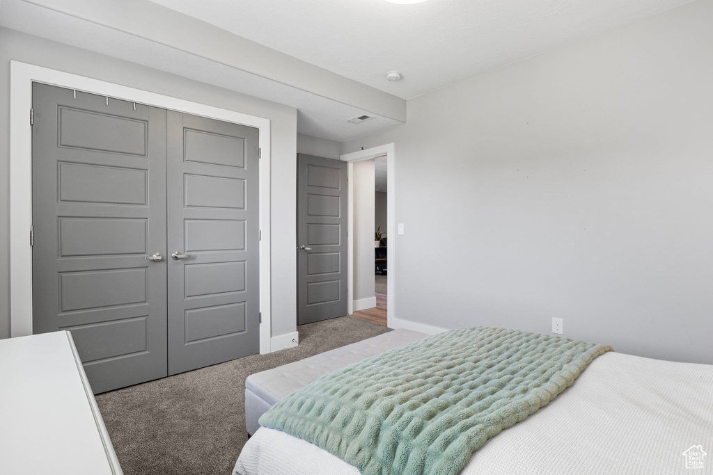 Carpeted bedroom featuring a closet