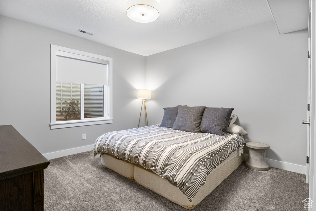 Carpeted bedroom with a textured ceiling