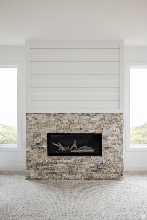 Room details featuring carpet floors and a stone fireplace