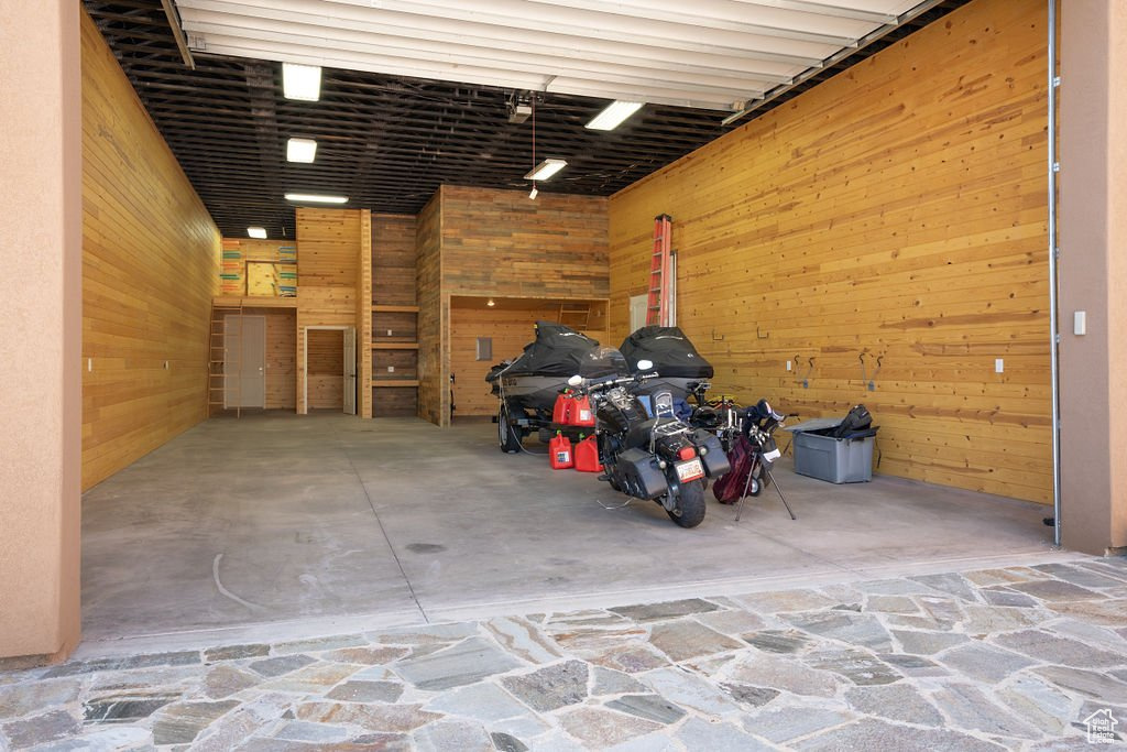 Garage with wood walls