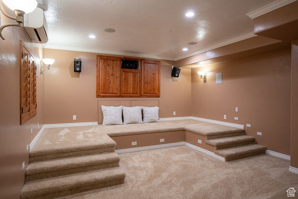 Carpeted cinema with a textured ceiling and ornamental molding