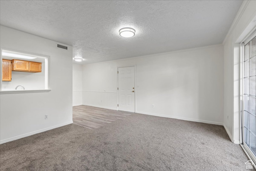 Spare room featuring ornamental molding, a textured ceiling, and carpet flooring