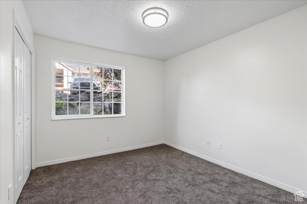 Carpeted spare room with a textured ceiling