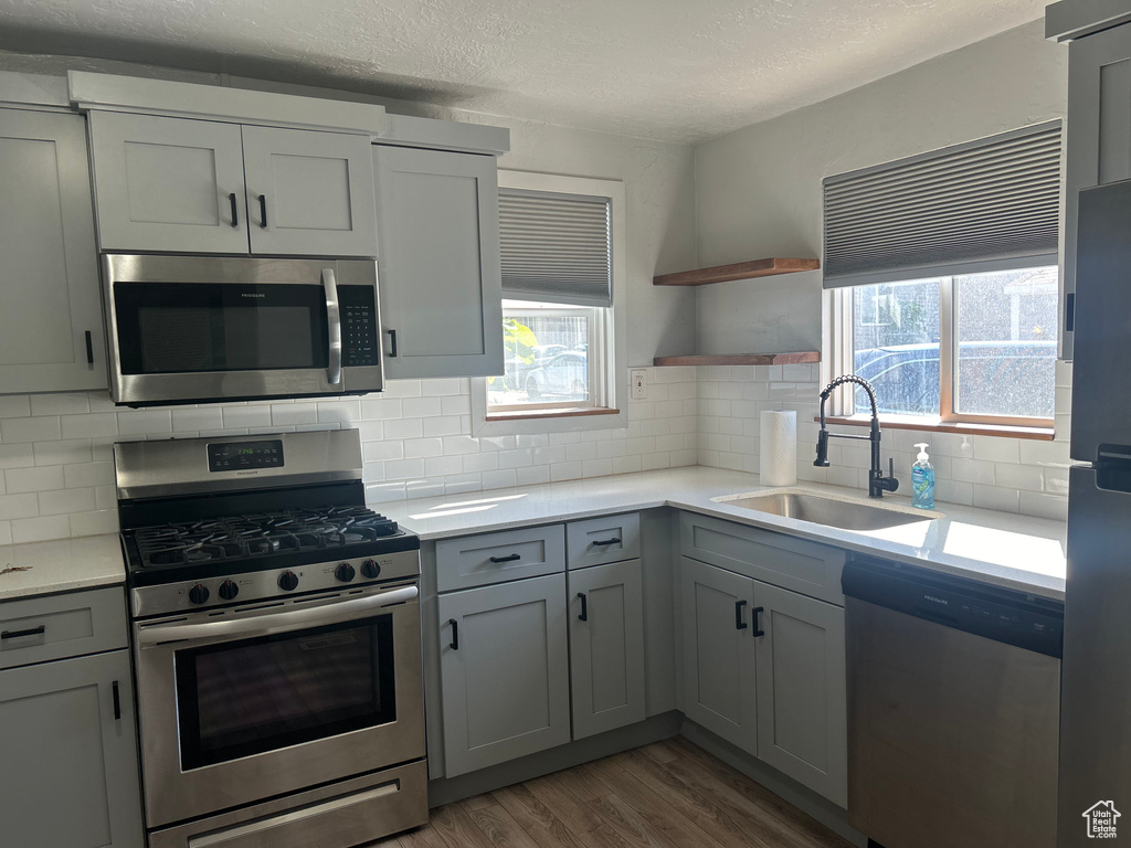 Kitchen with gray cabinetry, appliances with stainless steel finishes, plenty of natural light, and sink