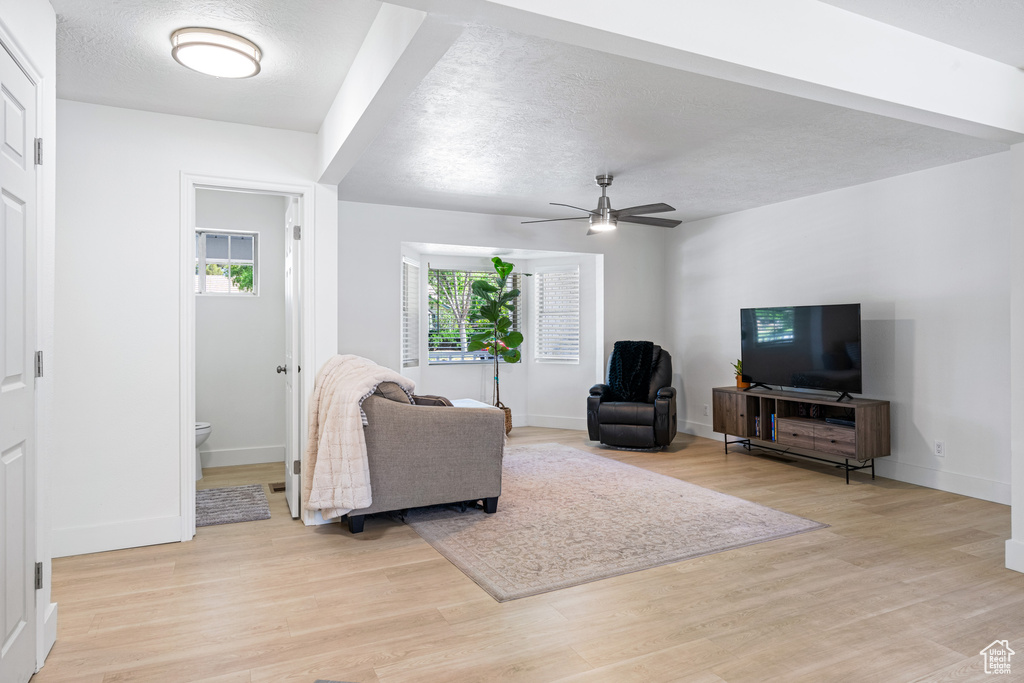 Living room featuring light wood-type flooring, ceiling fan, and plenty of natural light