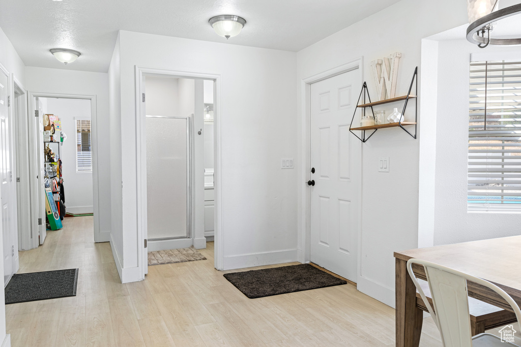 Foyer entrance with light hardwood / wood-style floors