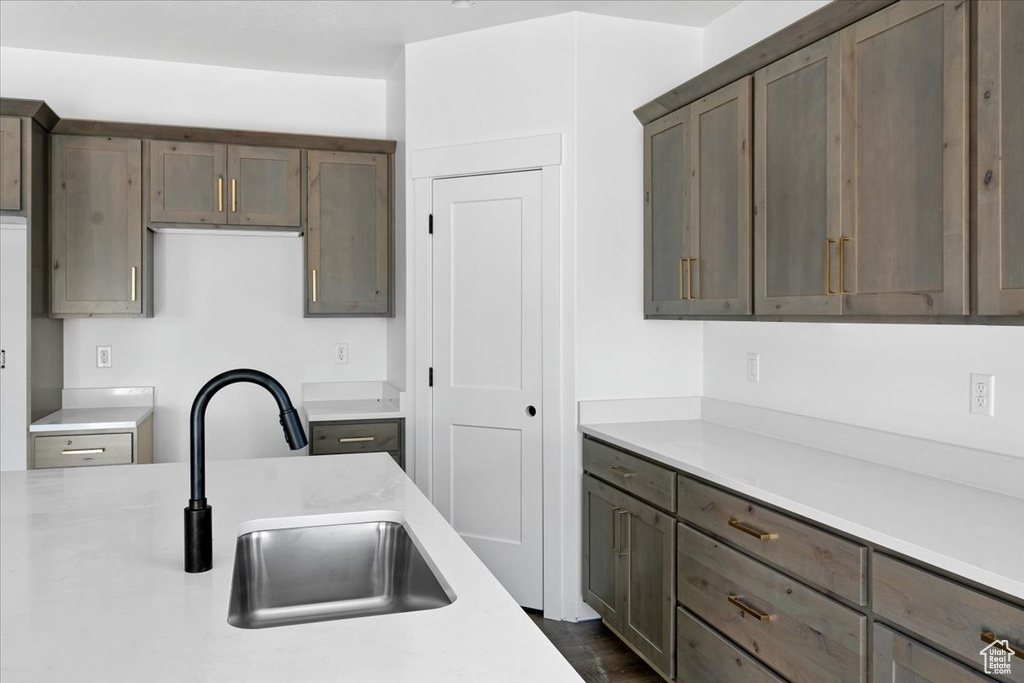 Kitchen featuring dark wood-type flooring and sink