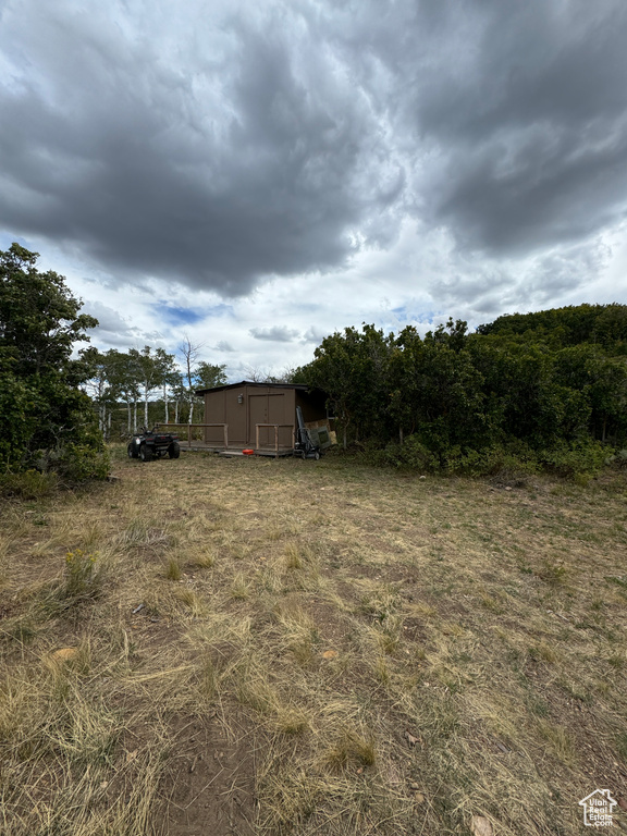 View of yard with a storage shed