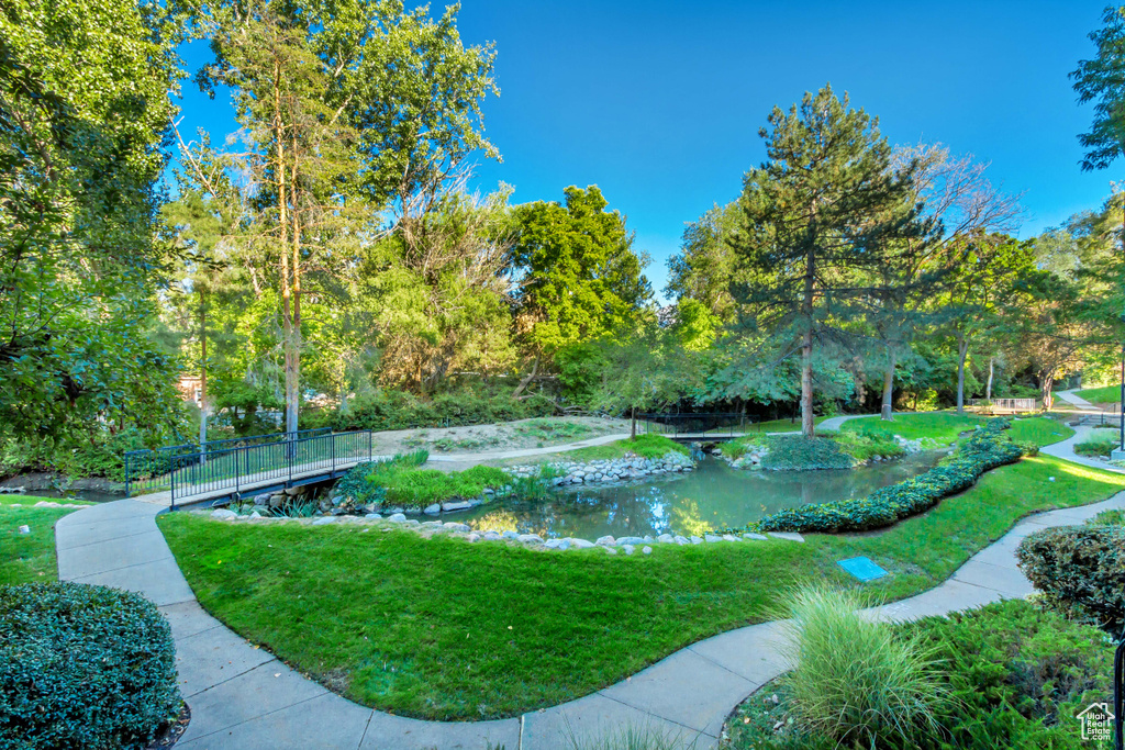 View of community featuring a yard and a small pond