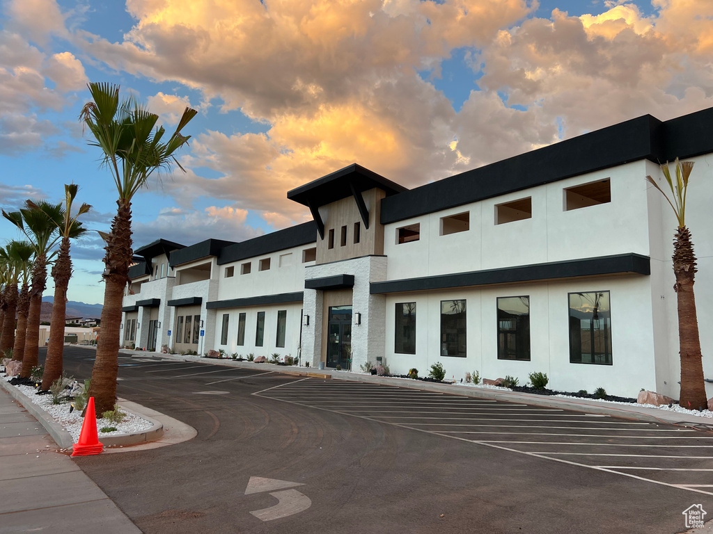 View of outdoor building at dusk