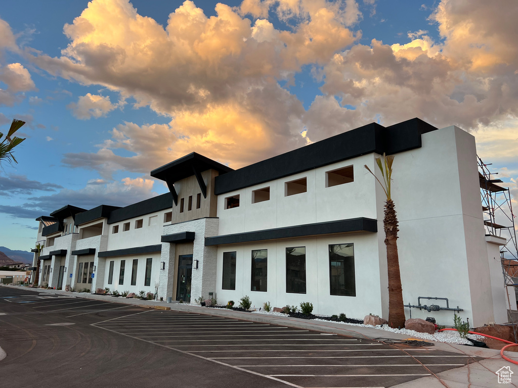 View of outdoor building at dusk