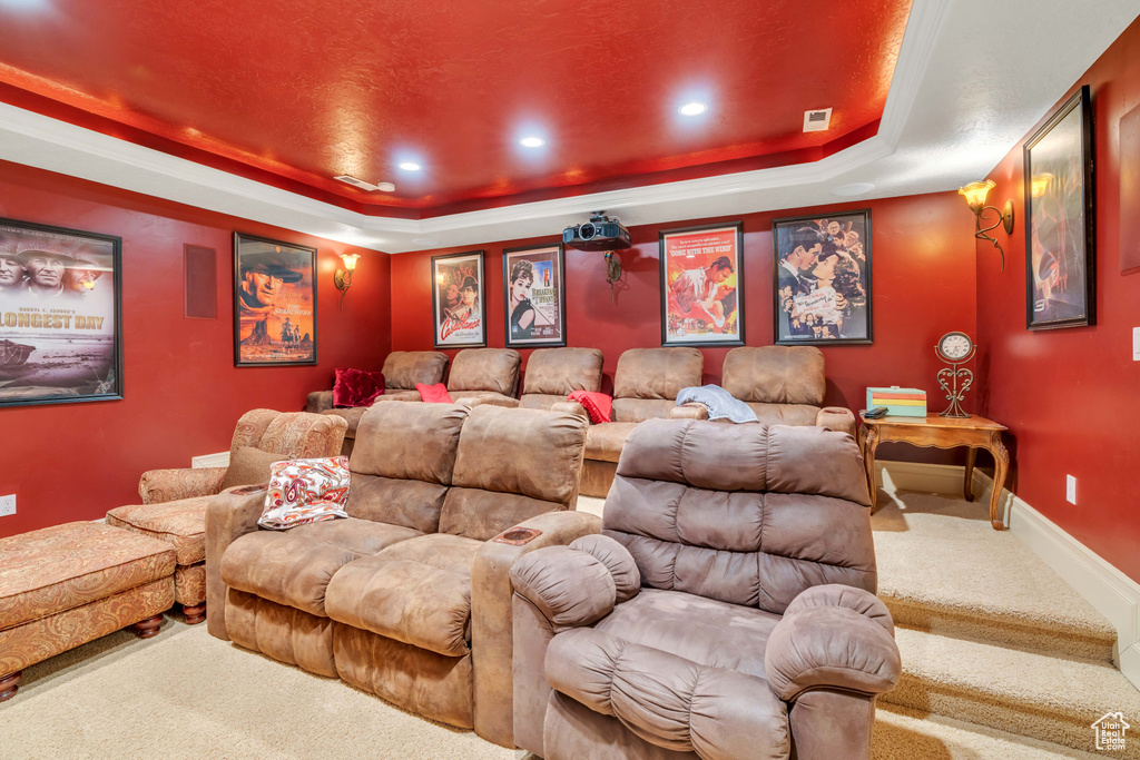 Carpeted home theater with a raised ceiling