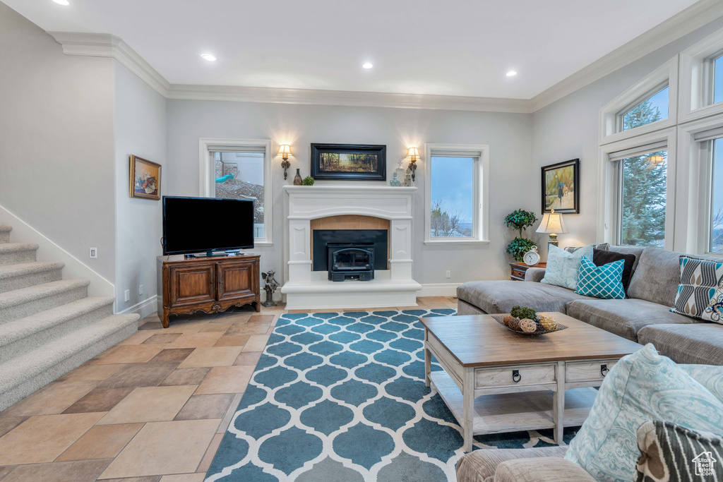 Living room with ornamental molding