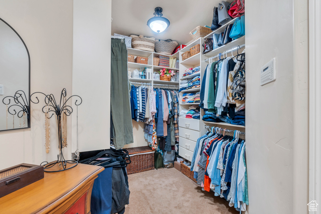 Walk in closet with light colored carpet