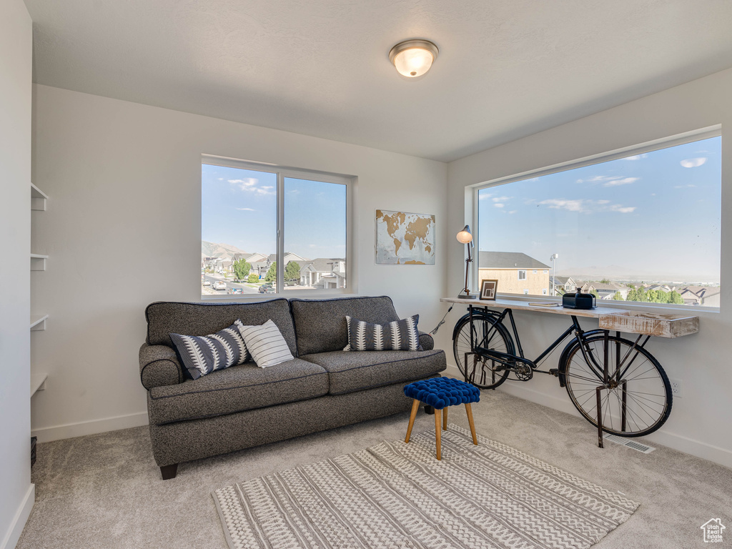 Living room with a healthy amount of sunlight and light colored carpet