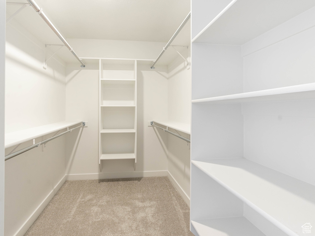 Walk in closet featuring light carpet