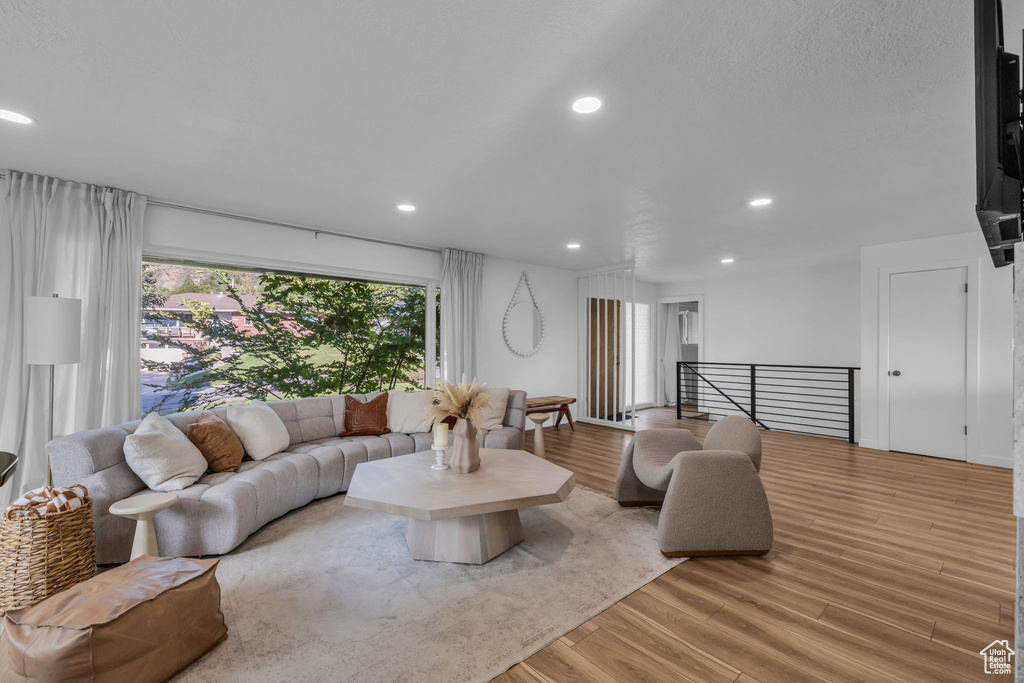 Living room with light wood-type flooring