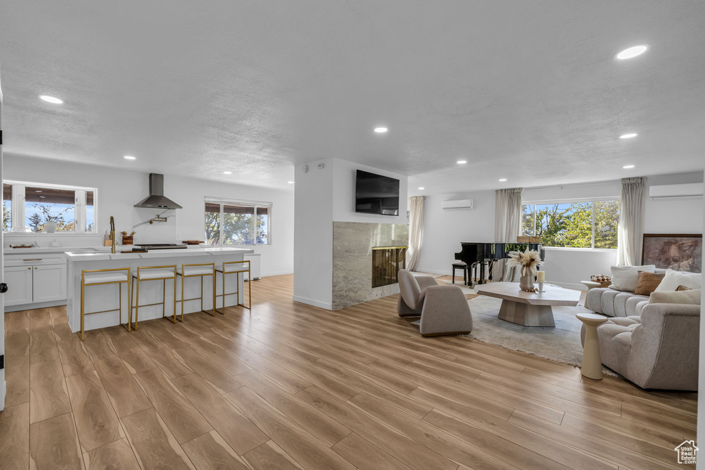 Living room with a fireplace, light hardwood / wood-style flooring, and a wealth of natural light