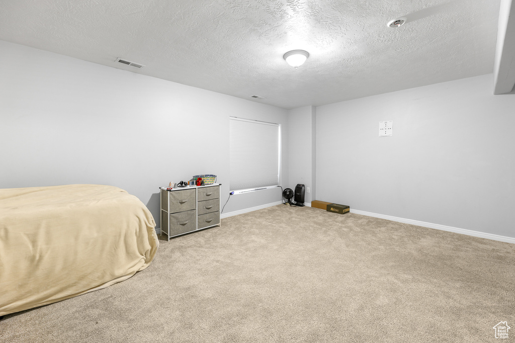 Carpeted bedroom with a textured ceiling