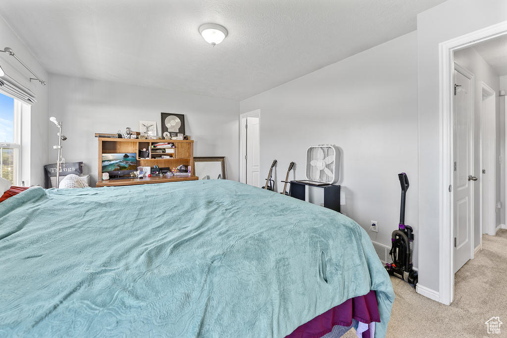 Bedroom featuring light carpet