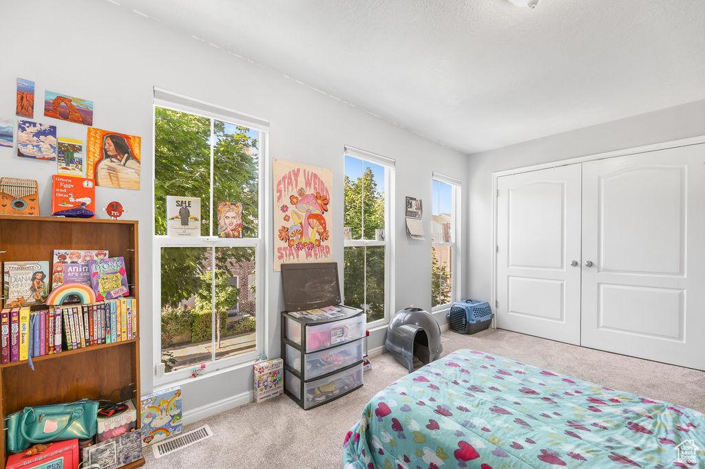 Carpeted bedroom with multiple windows and a closet