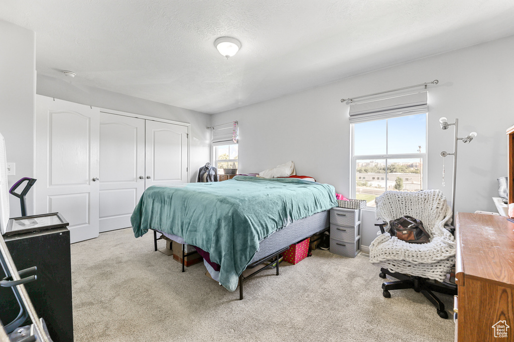 Carpeted bedroom featuring a closet and a textured ceiling