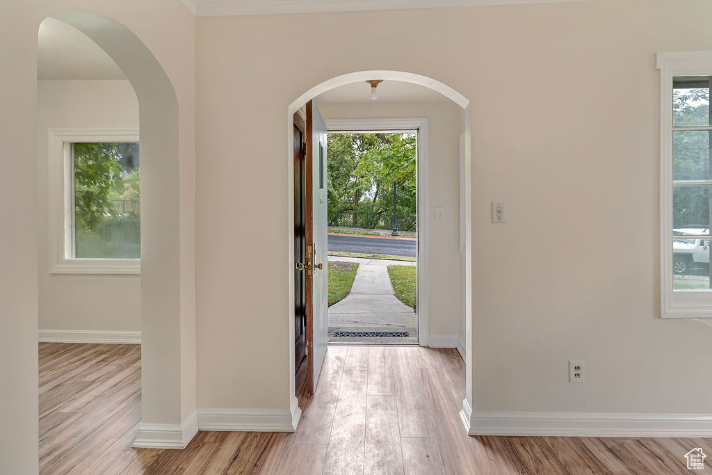 Foyer with light hardwood / wood-style flooring and plenty of natural light