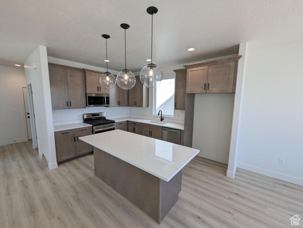 Kitchen featuring hanging light fixtures, sink, stainless steel appliances, a center island, and light hardwood / wood-style floors