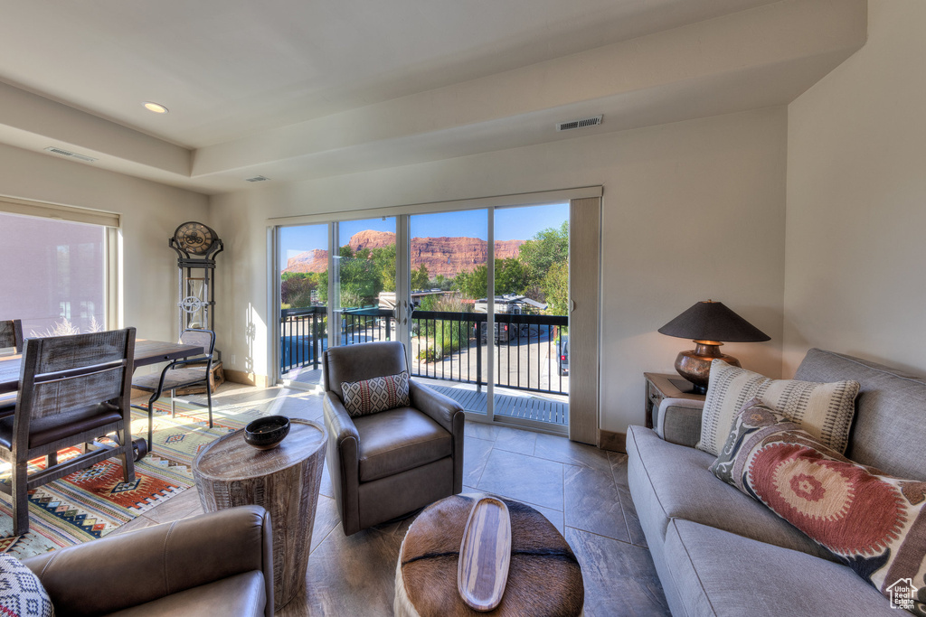 Living room featuring tile patterned flooring