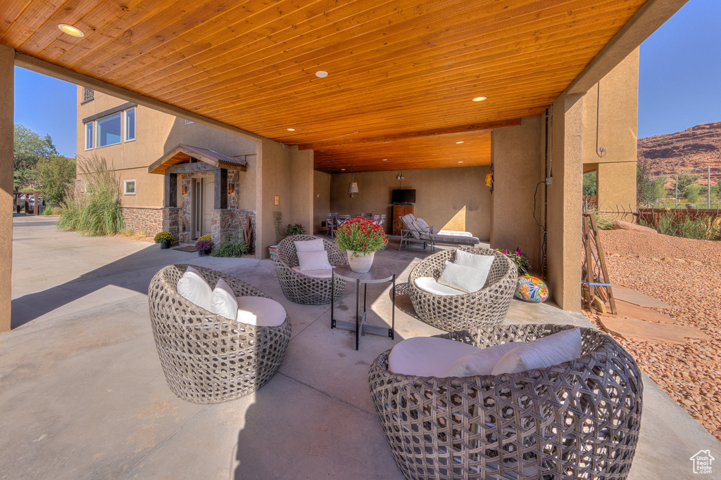 View of patio featuring a mountain view