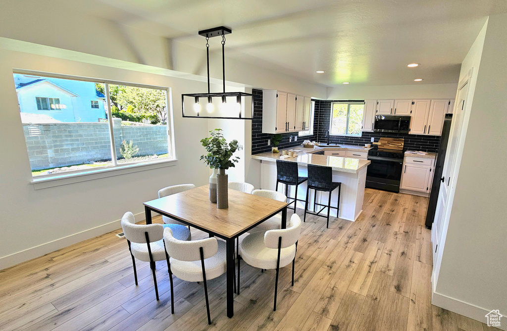 Dining room with light hardwood / wood-style flooring