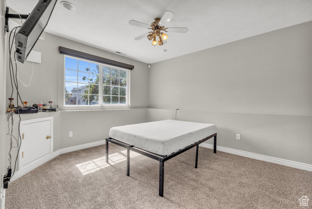 Carpeted office featuring lofted ceiling and ceiling fan