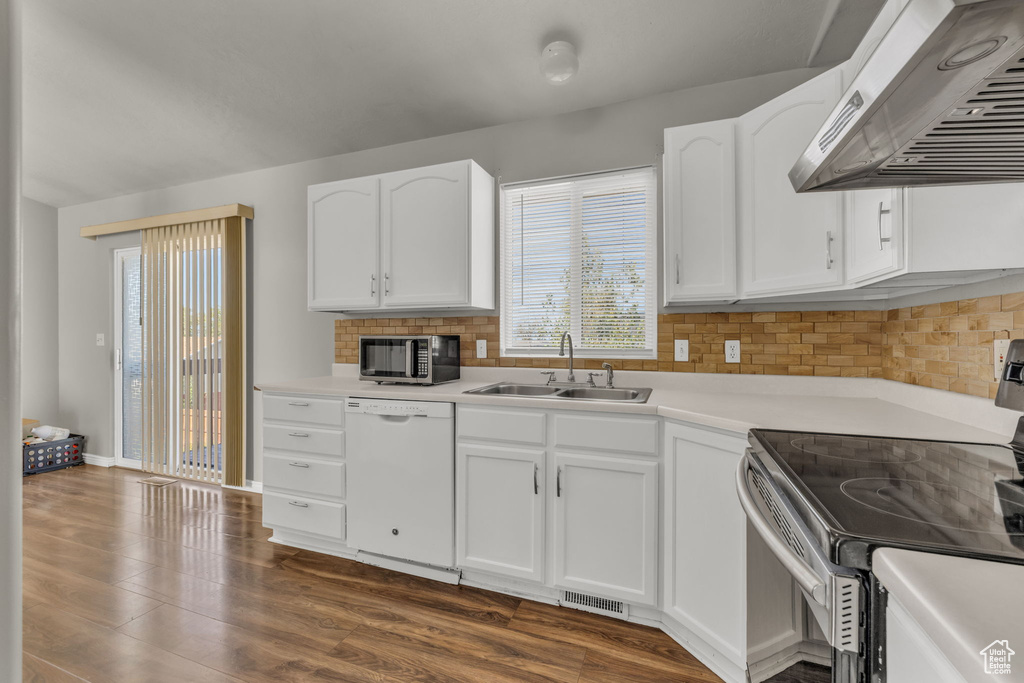 Kitchen with sink, dark wood-type flooring, white cabinetry, exhaust hood, and stainless steel appliances