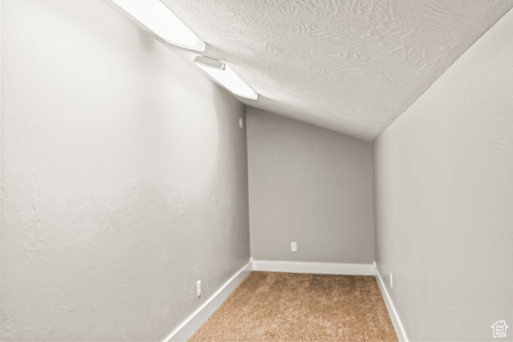 Bonus room with lofted ceiling, a textured ceiling, and carpet flooring