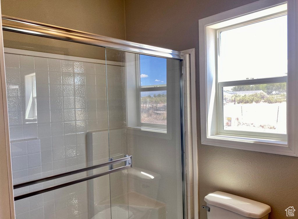 Bathroom featuring a shower with door, a healthy amount of sunlight, and toilet