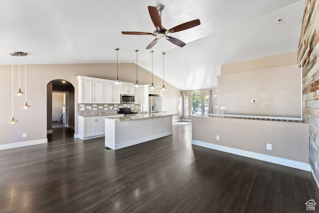 Kitchen featuring ceiling fan, white cabinets, stainless steel appliances, and dark hardwood / wood-style flooring