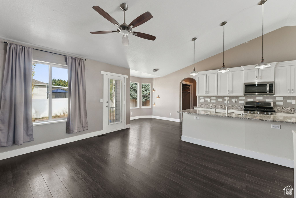 Kitchen with white cabinetry, vaulted ceiling, stainless steel appliances, ceiling fan, and a healthy amount of sunlight