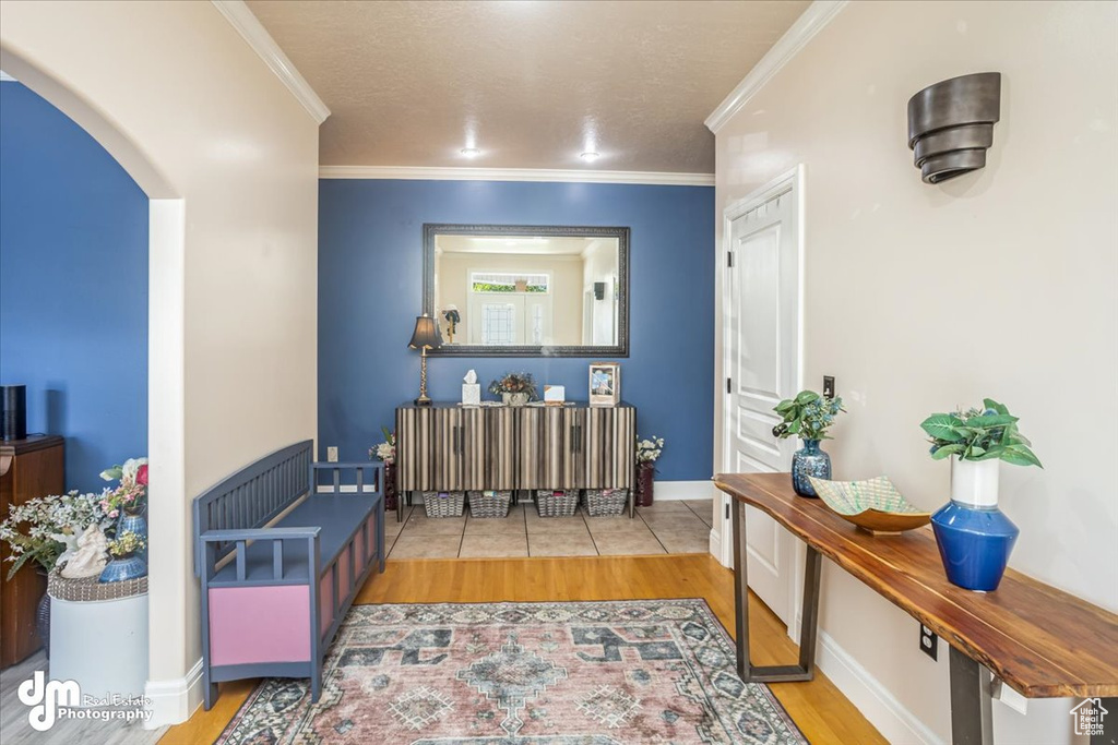 Interior space featuring crown molding and light hardwood / wood-style floors