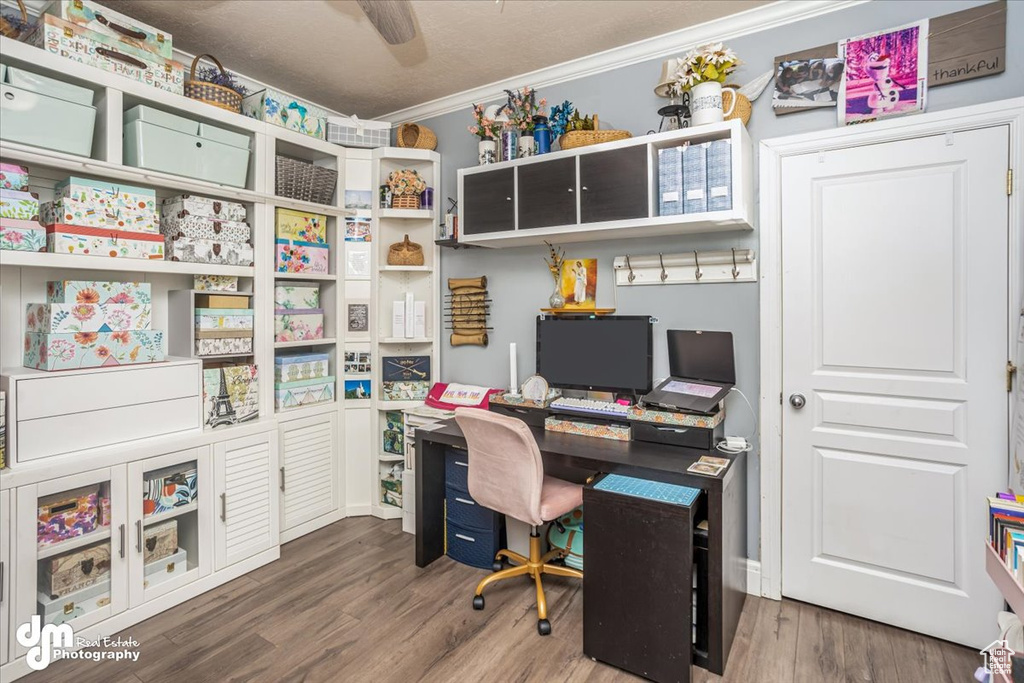 Office area featuring ornamental molding and dark hardwood / wood-style flooring