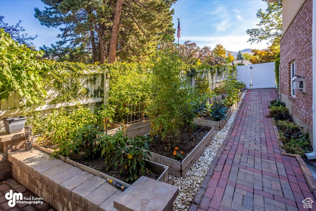 View of patio featuring a mountain view