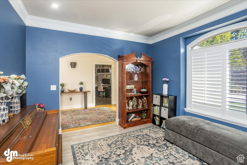 Living area featuring ornamental molding and hardwood / wood-style floors