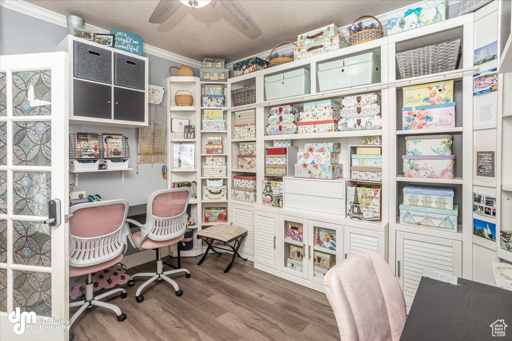 Office space featuring a textured ceiling, wood-type flooring, ornamental molding, and ceiling fan