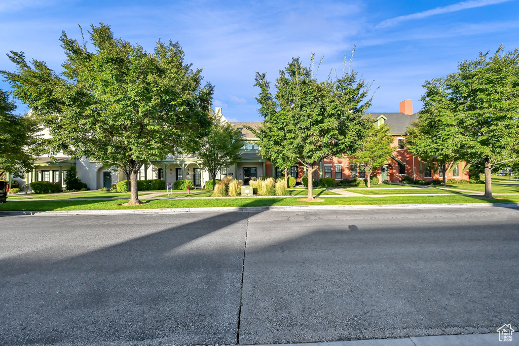 Obstructed view of property with a front lawn