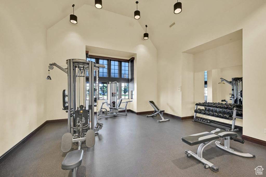 Workout area featuring high vaulted ceiling