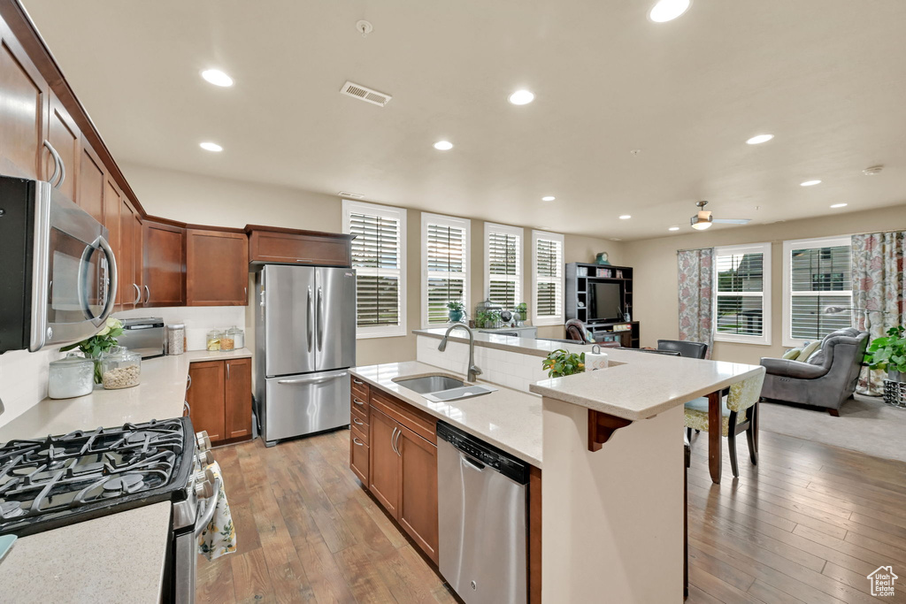 Kitchen featuring light hardwood / wood-style floors, stainless steel appliances, sink, and a wealth of natural light