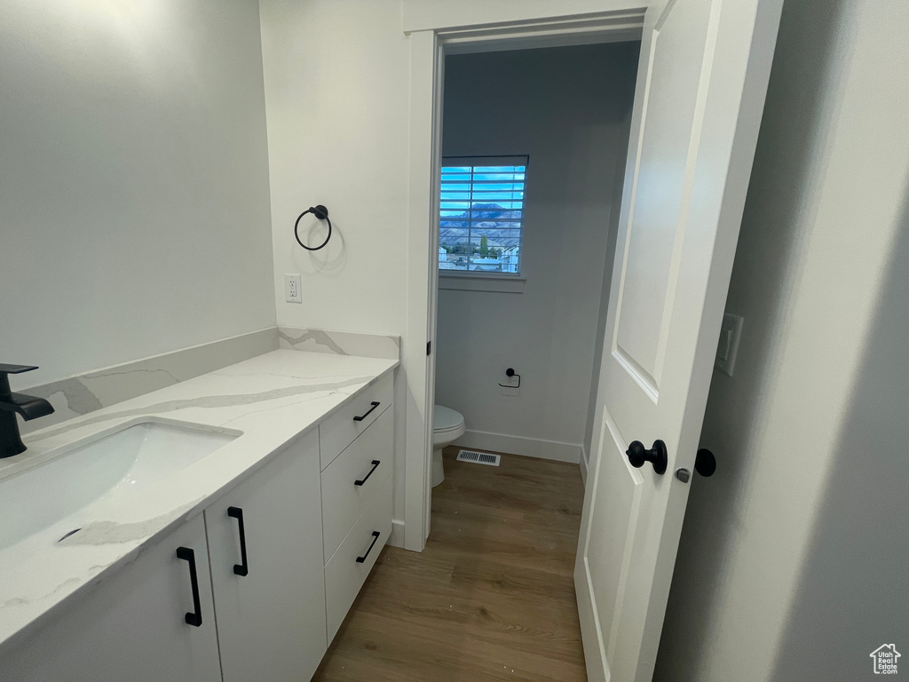 Bathroom with toilet, vanity, and wood-type flooring