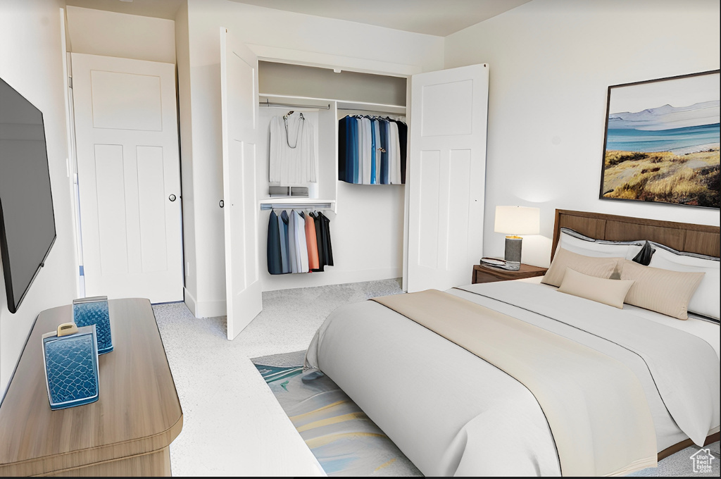 Carpeted bedroom featuring a closet