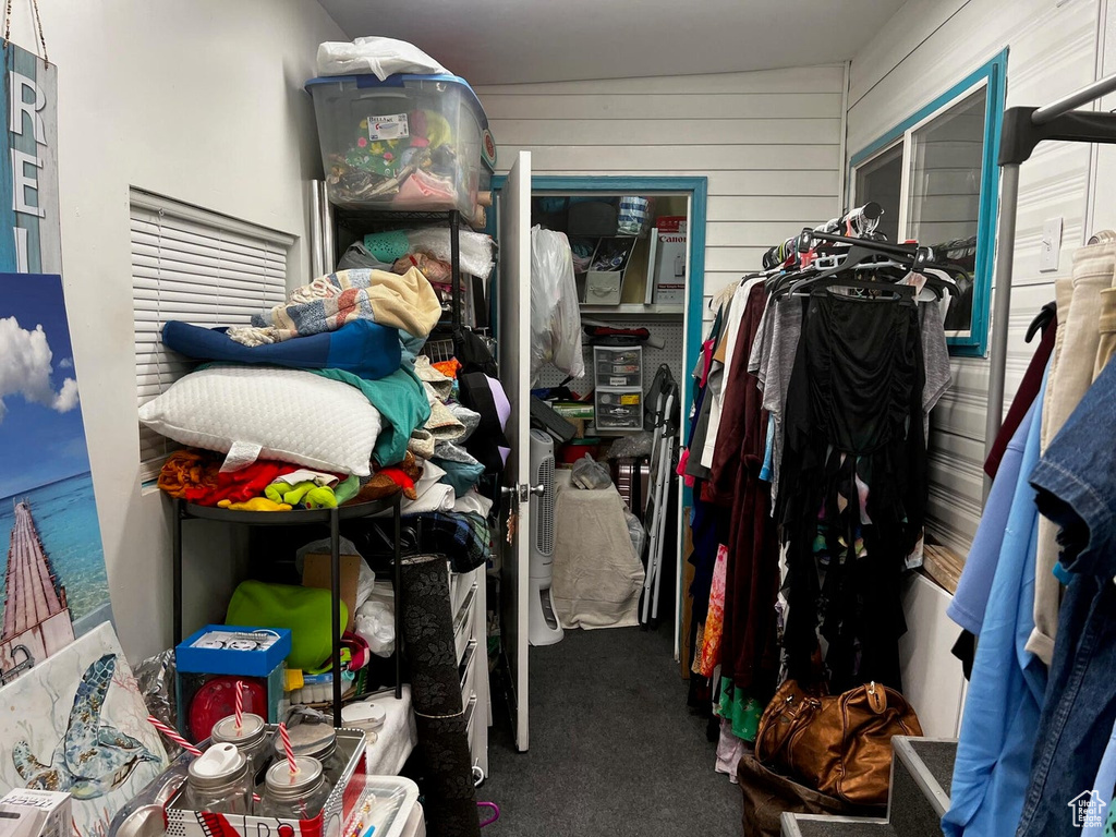 Walk in closet with carpet floors