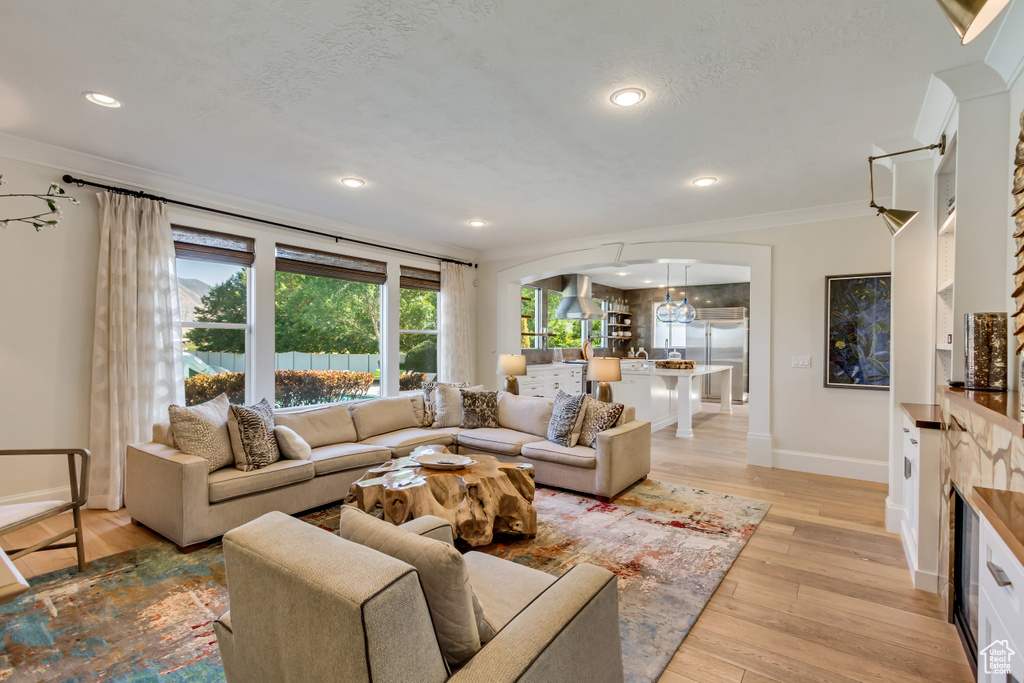 Living room with light wood-type flooring, crown molding, and a textured ceiling